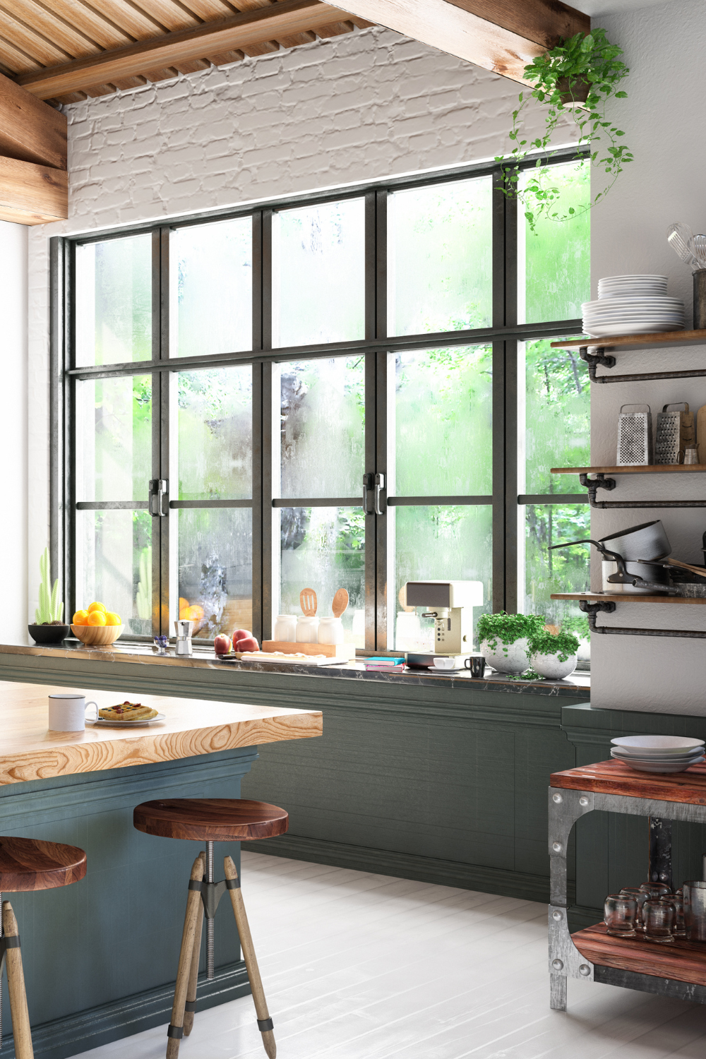 farmhouse kitchen with large panel windows and accents with architectural aesthetics