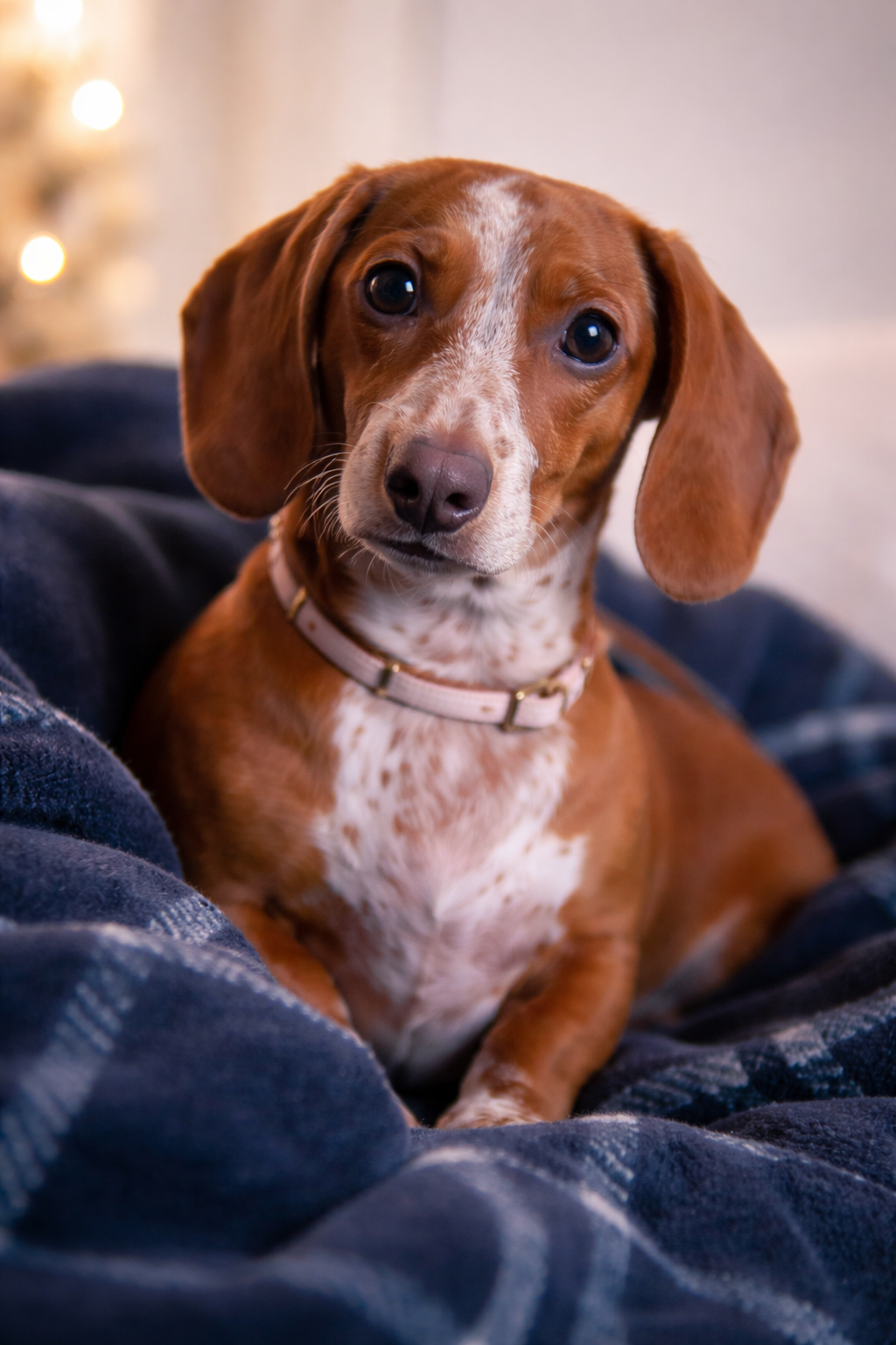Daisy the dachshund, mascot of Daisy’s Cozy Shop, resting in a cozy home setting
