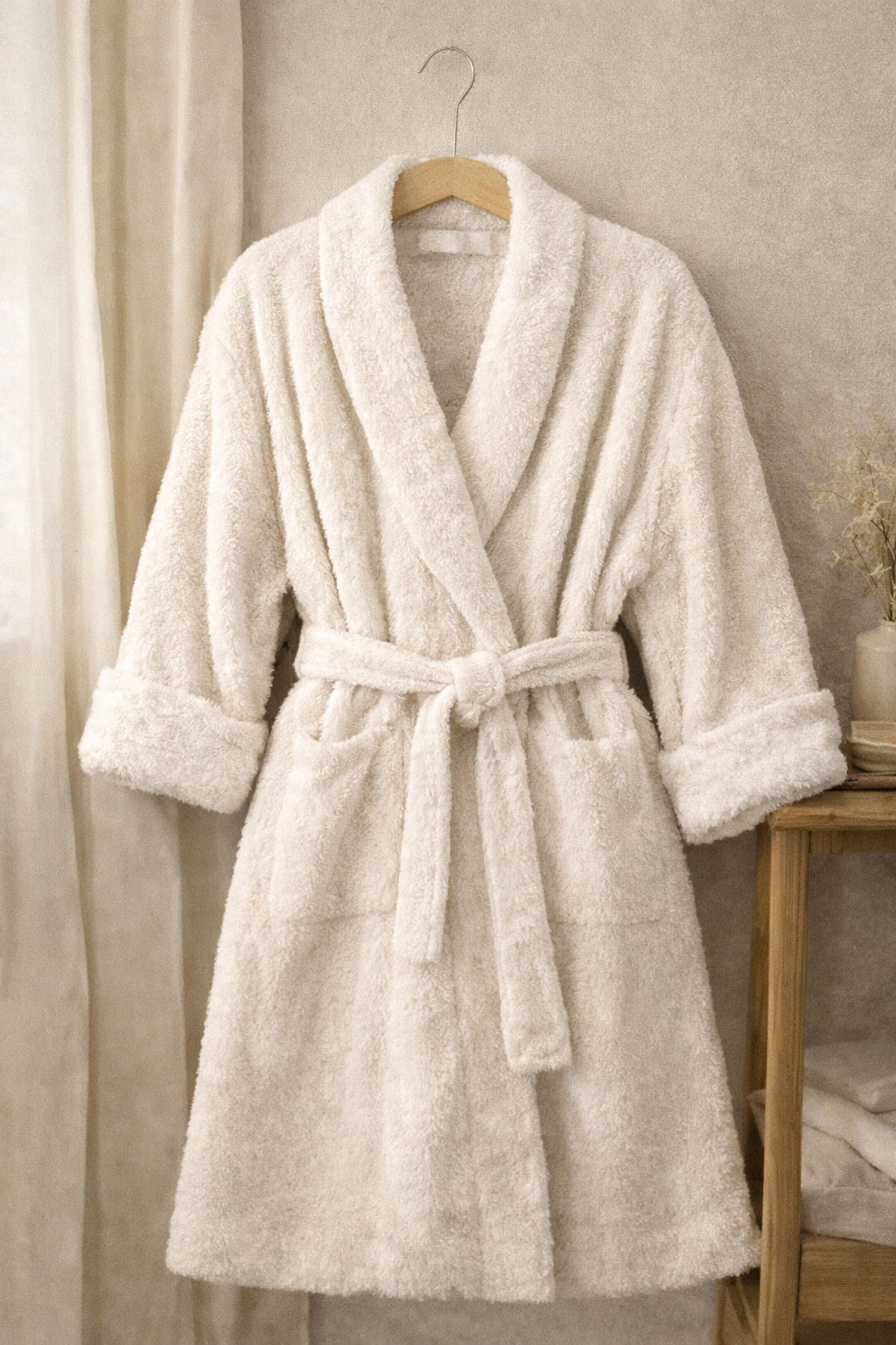 Soft white fleece bathrobe hanging on a wooden hanger against a neutral wall for a spa-like feel.
