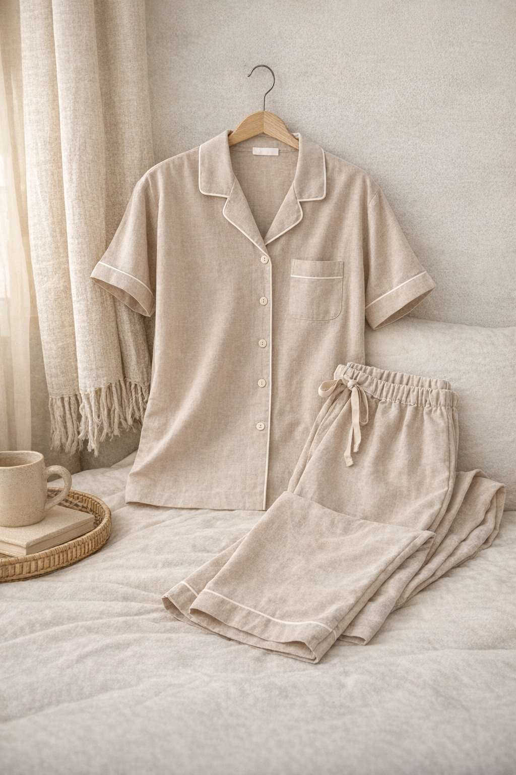 Beige linen pajama set with short-sleeve button-down shirt and long pants on a cozy bed.