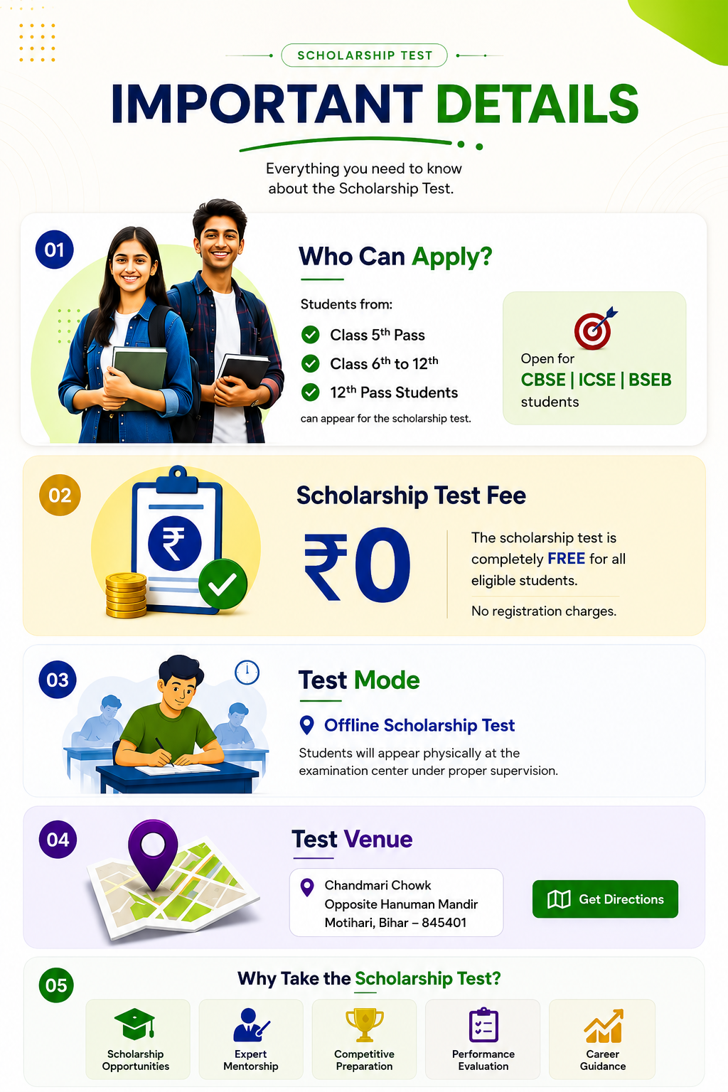 Infographic detailing a free offline scholarship test for students from Class 5 to 12 in Motihari, Bihar.