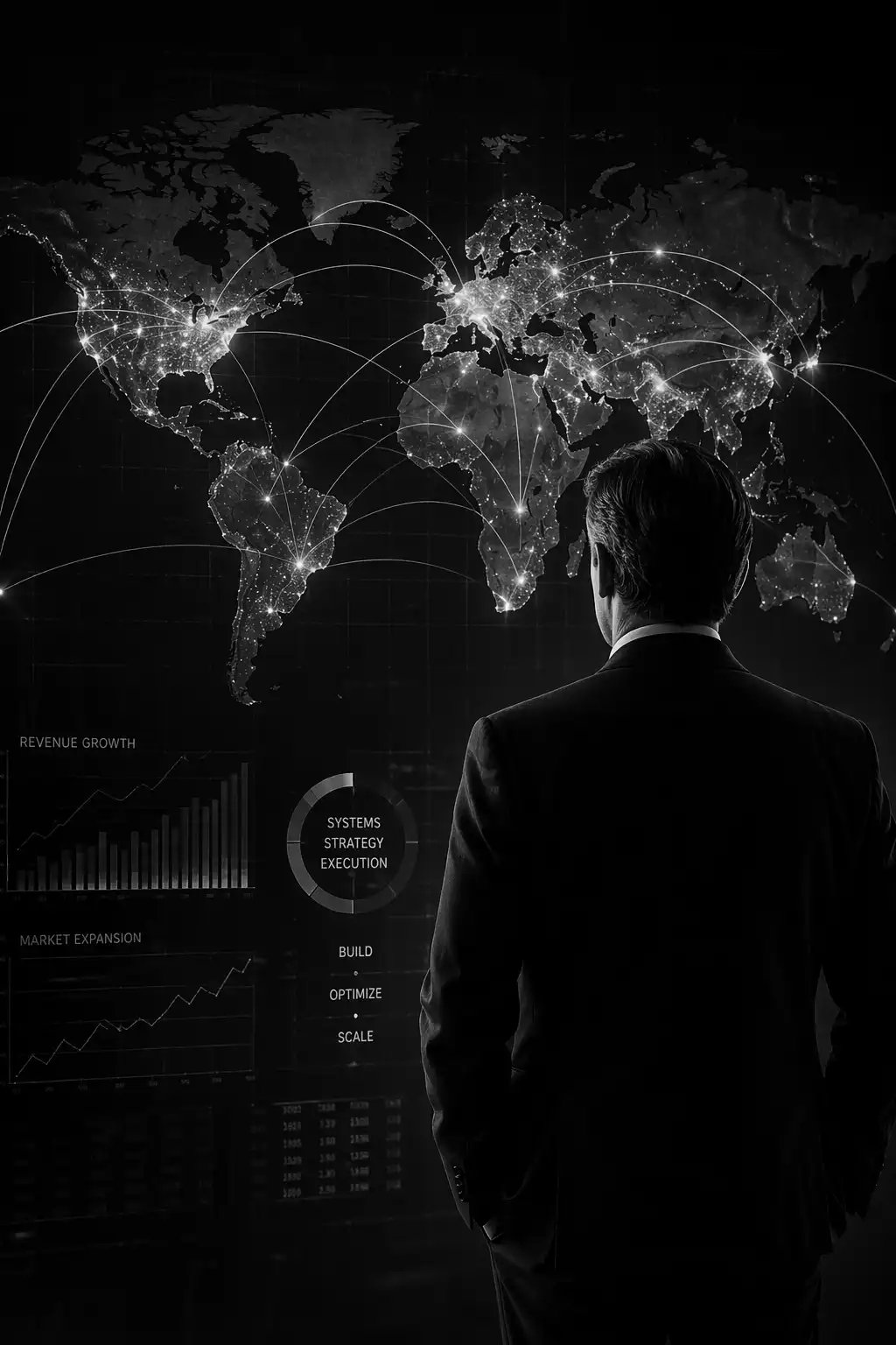 Black and white image of a global network map with a business leader viewing connected international