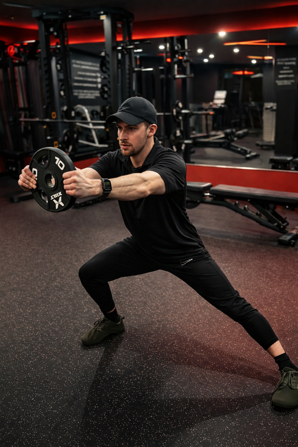 A man performing a weighted side lunge with a weight plate in a modern gym setting.