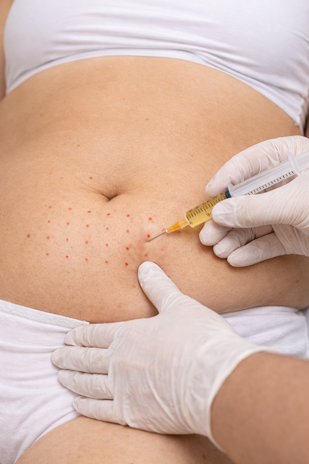 Professional mesotherapy treatment with needle injection on a woman's abdomen for fat reduction.