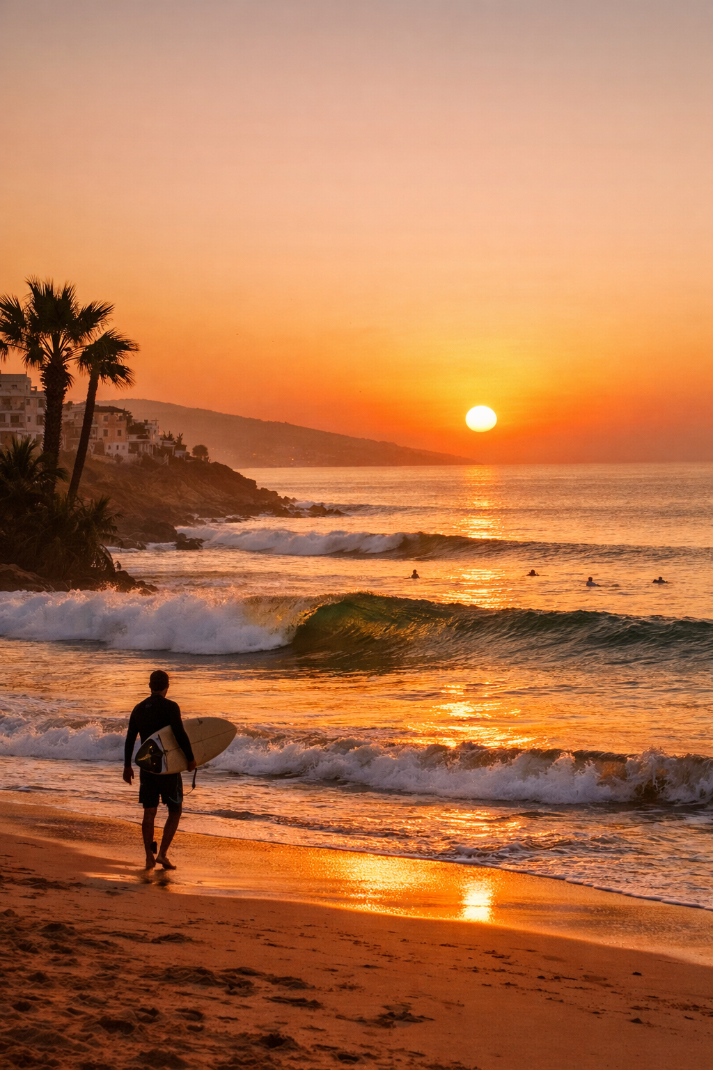 Surfer at sunset in Morocco during a surf retreat
