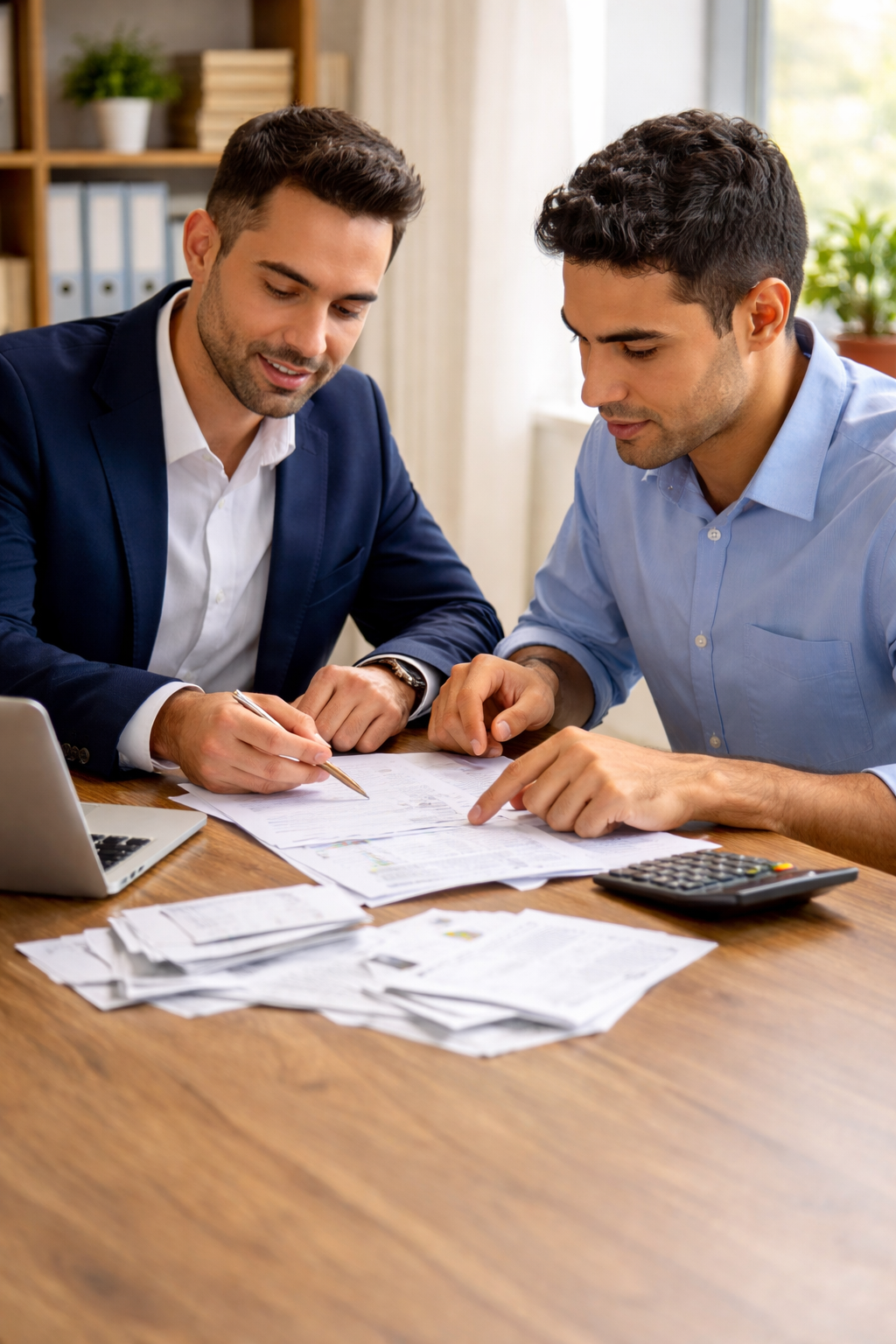 Un asesor financiero profesional está hablando con un cliente sobre unos documentos y un calculador