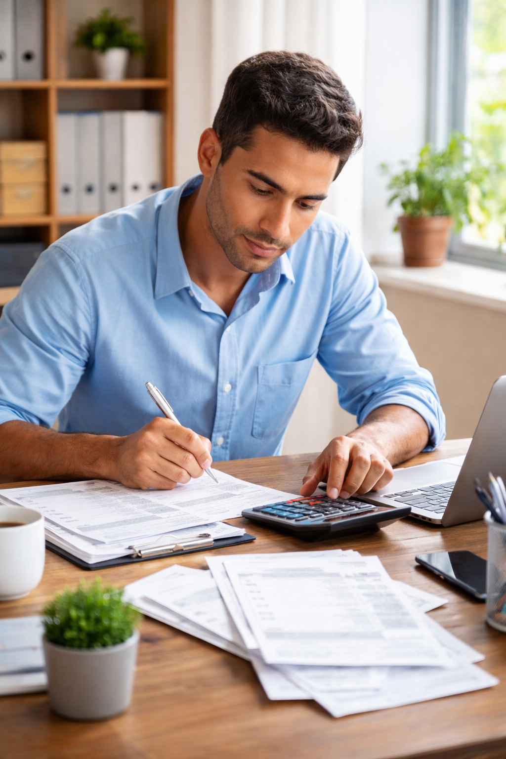 Contador profesional utilizando una calculadora y firmando documentos financieros en su oficina en c
