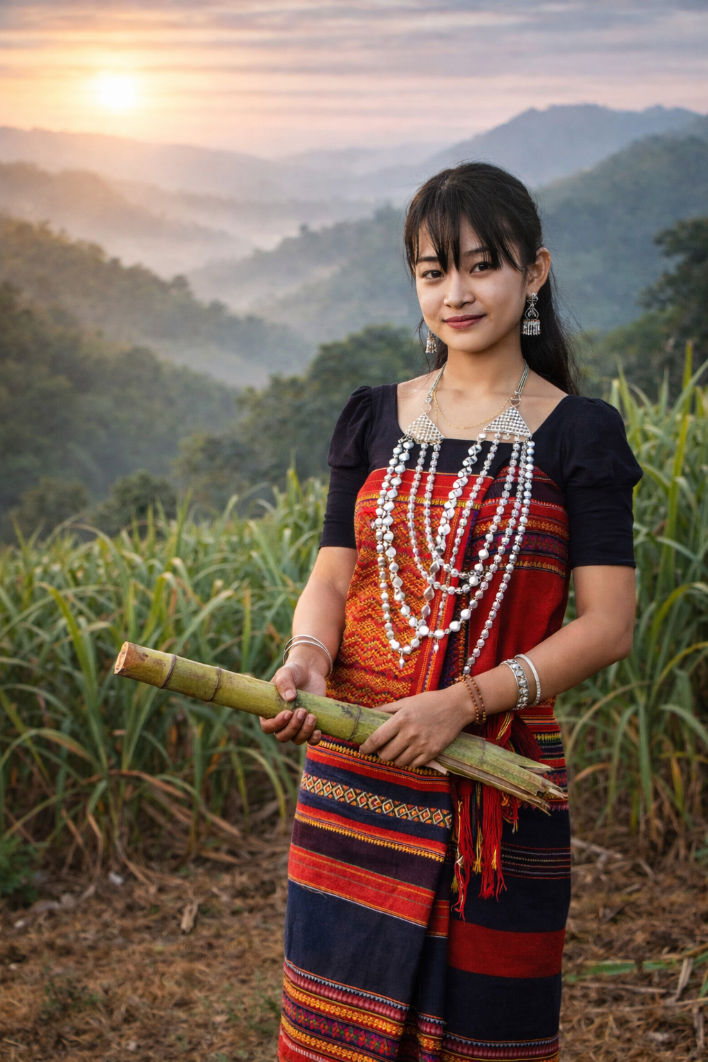 Chakma woman in traditional pinon and hadi holding sugarcane in the Chittagong Hill Tracts