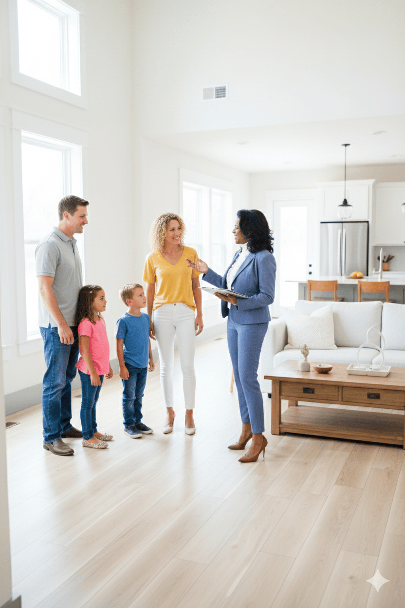 a family standing in a living room with a baby in the middle of the room