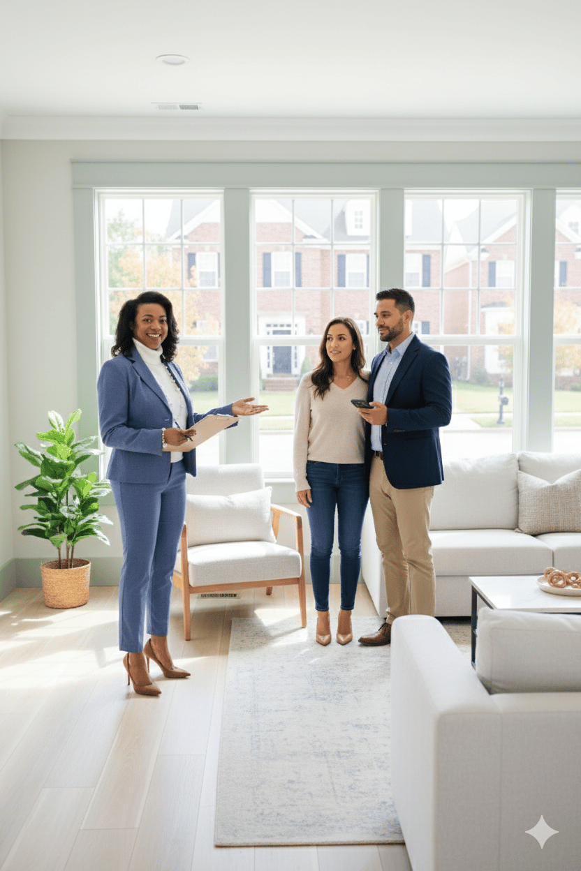 a couple of people standing in a living room