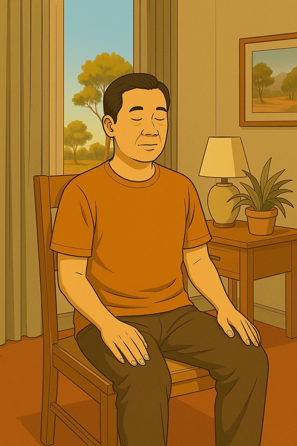 Mandarin-speaking man practising PMR in a Robinvale home, seated on a chair with calm expression and morning light.