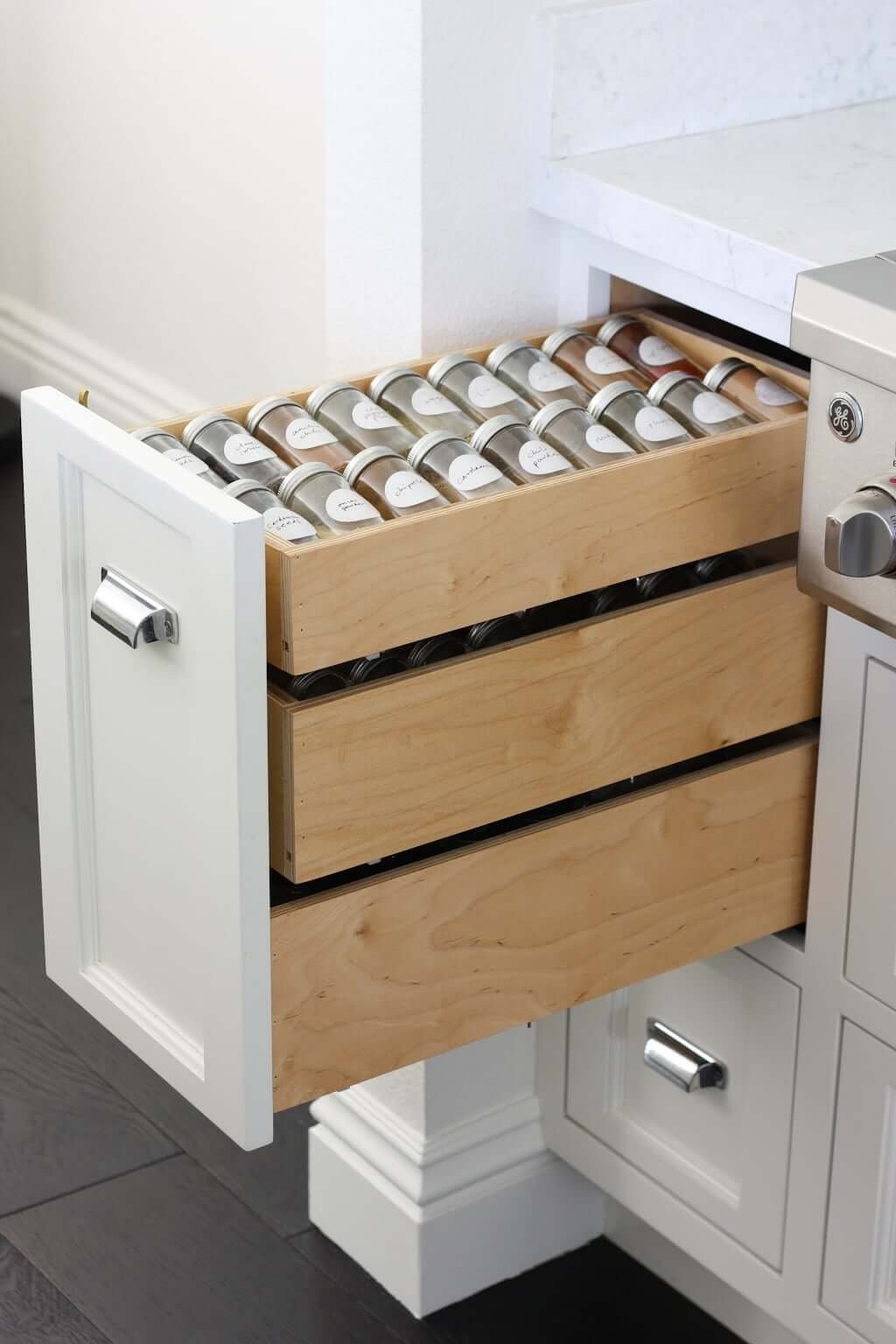 best vertical spice rack for small kitchen and apartment showing pull-out drawer organization