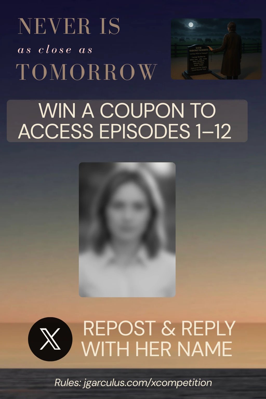 Competition flyer with blurred portrait of a woman and X logo.