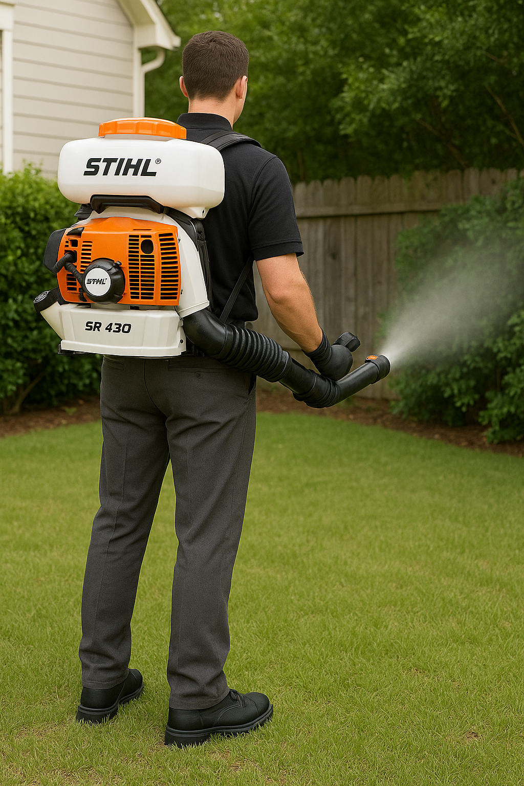 a man in a black shirt is performing mosquito service