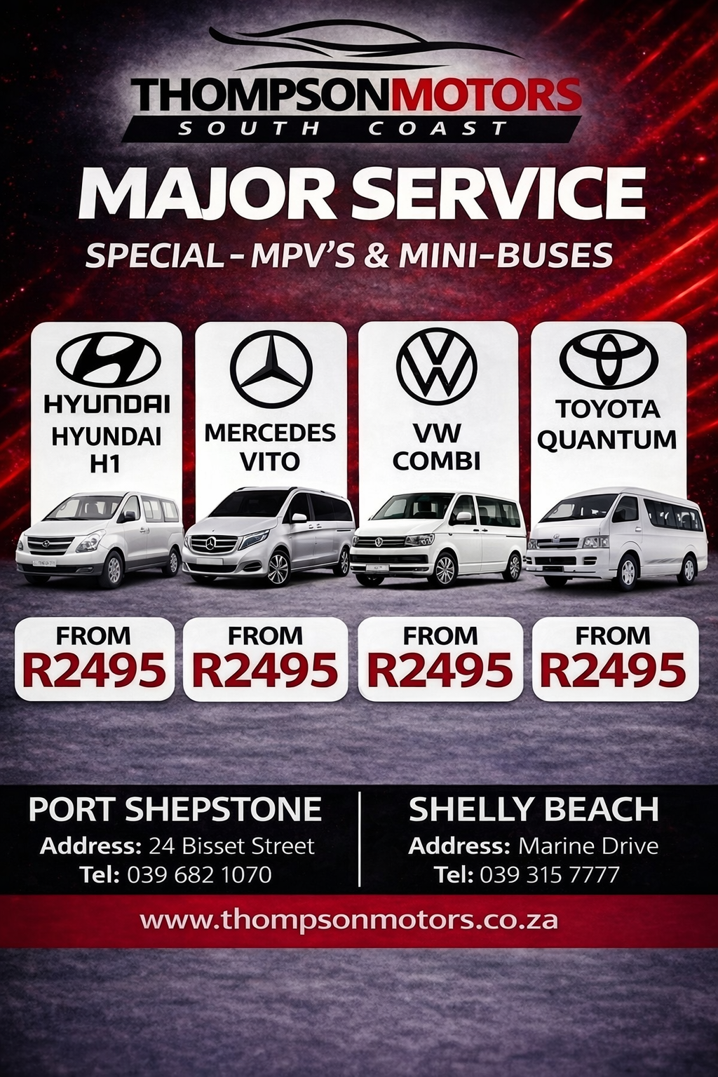 Major service specials for Hyundai H1, Mercedes Vito, VW Combi, and Toyota Quantum MPVs at Thompson Motors.