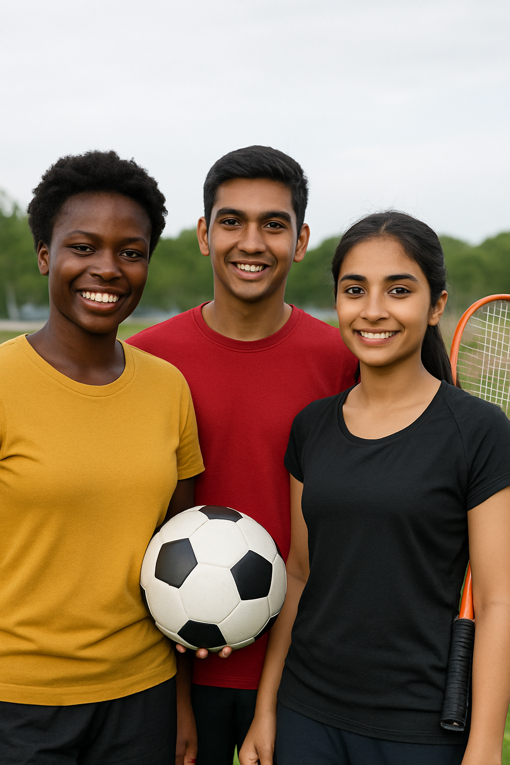 a group of people standing around a soccer ball