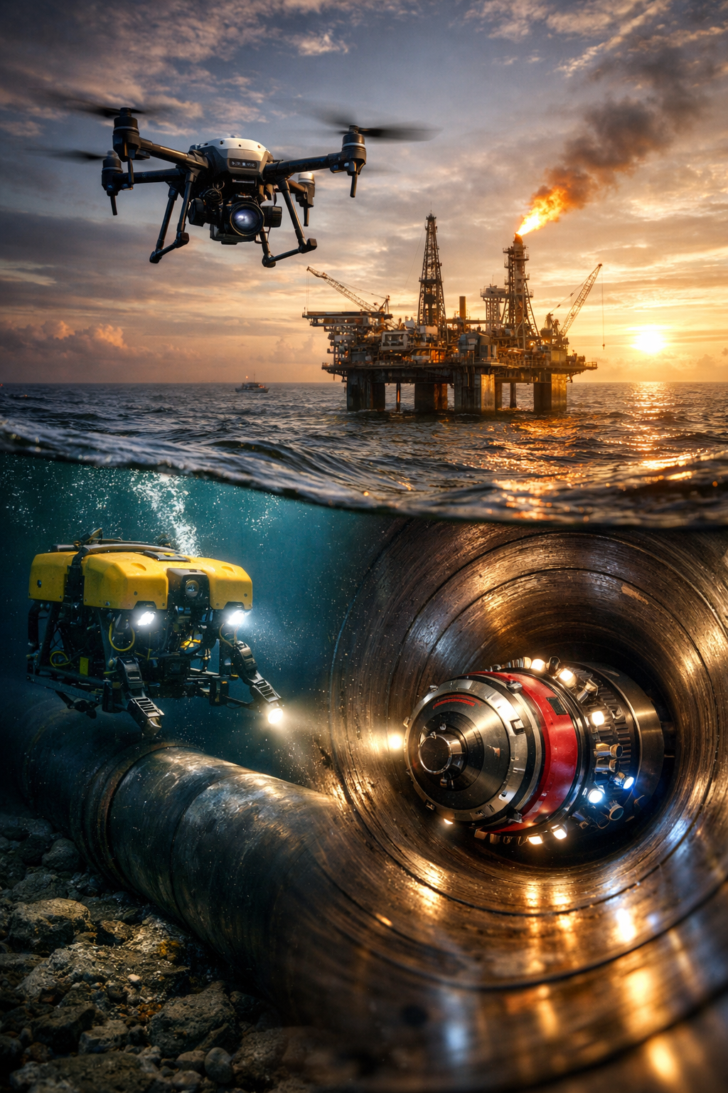 offshore inspection technologies including smart piping pigging tools drones and rov systems
