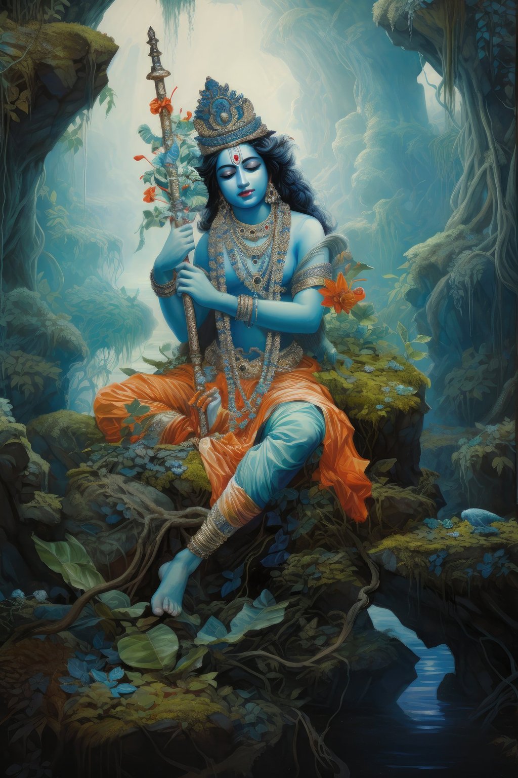 krishna sitting on a mossy rock 
