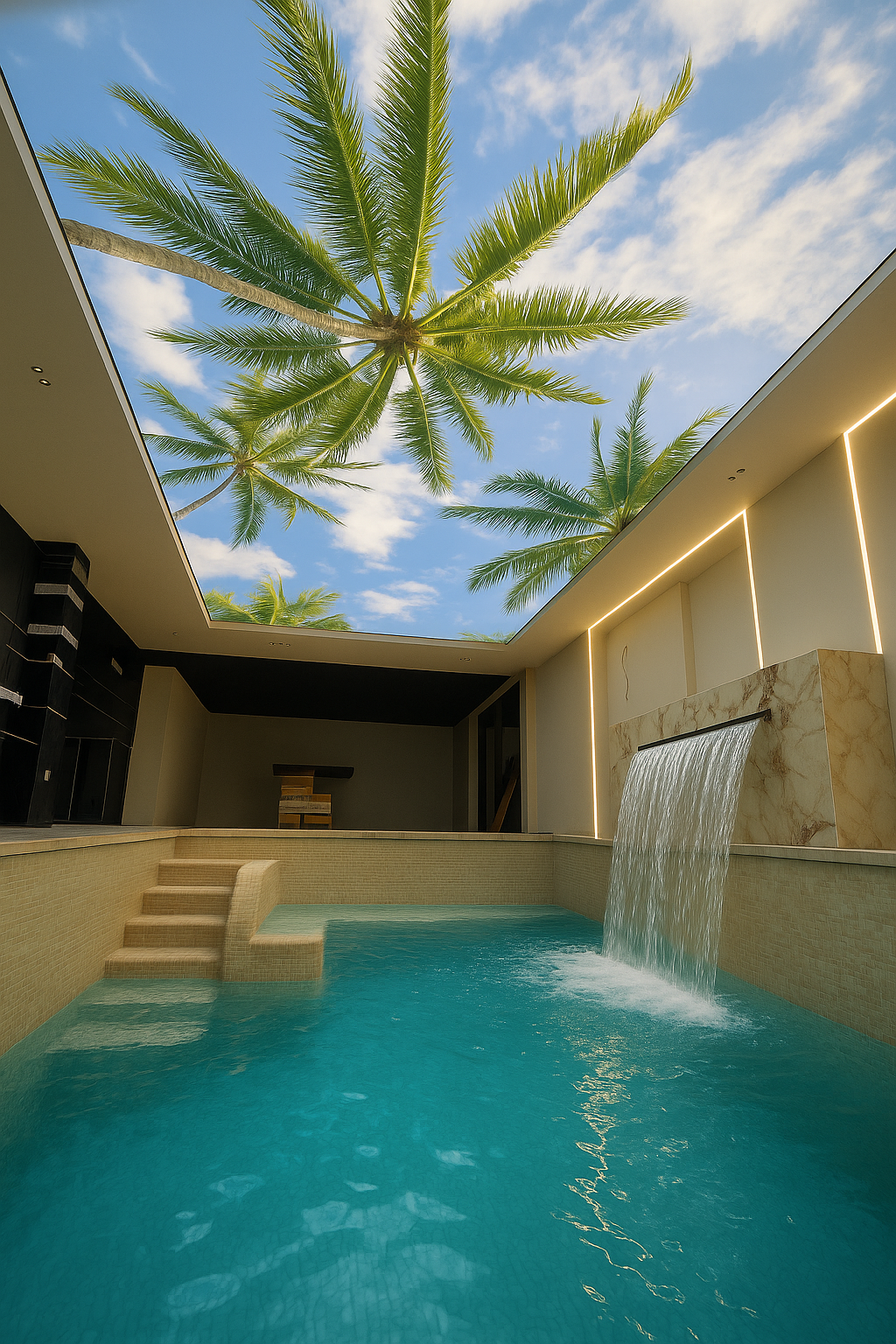 techo tensado retroiluminado en piscina interior moderna