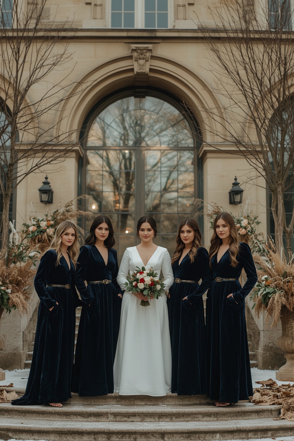 Demoiselles d’honneur à un mariage d’hiver à Bordeaux en décembre 2024, portant des robes longues
