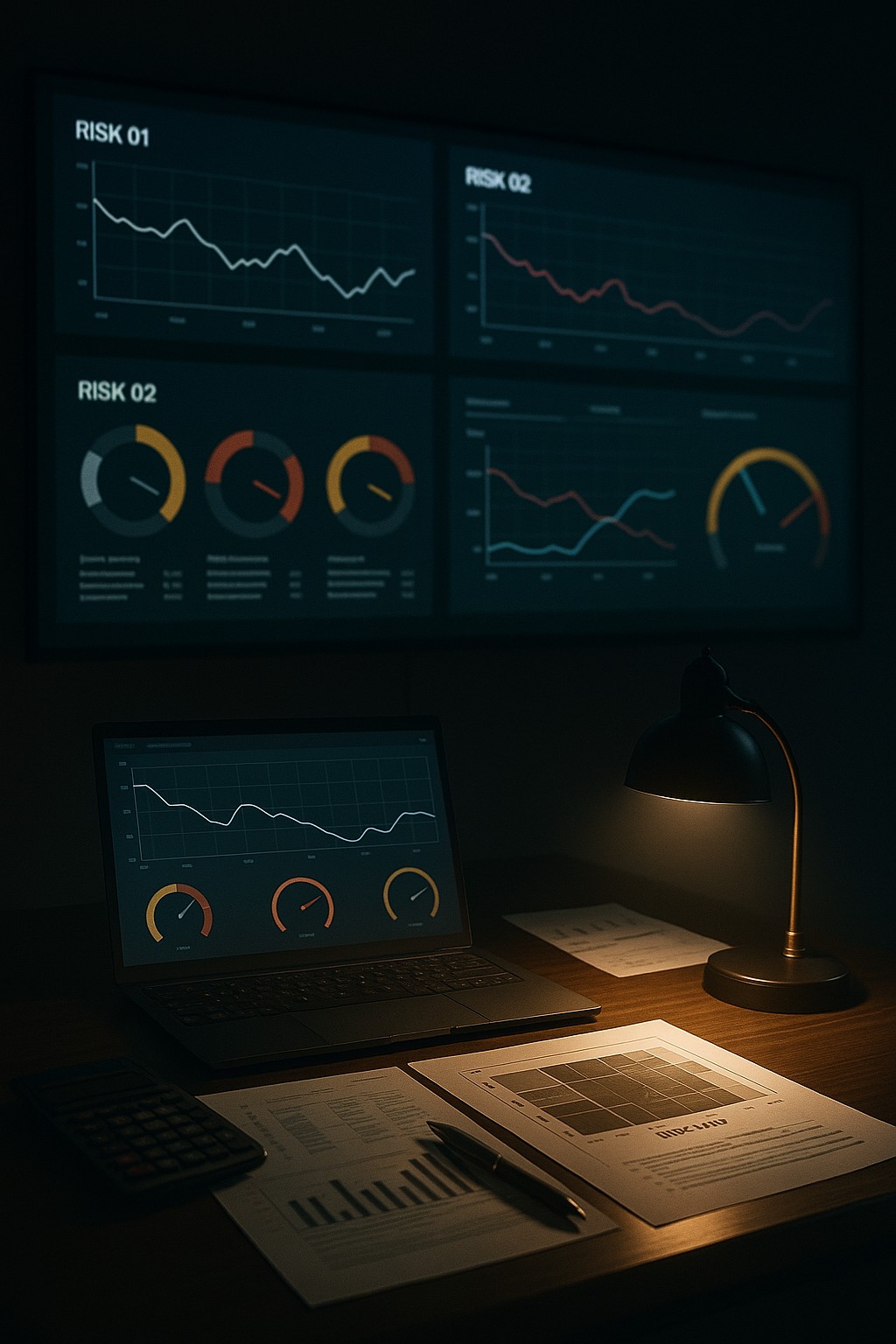 Risk dashboards with warning indicators, representing business failure early warning.