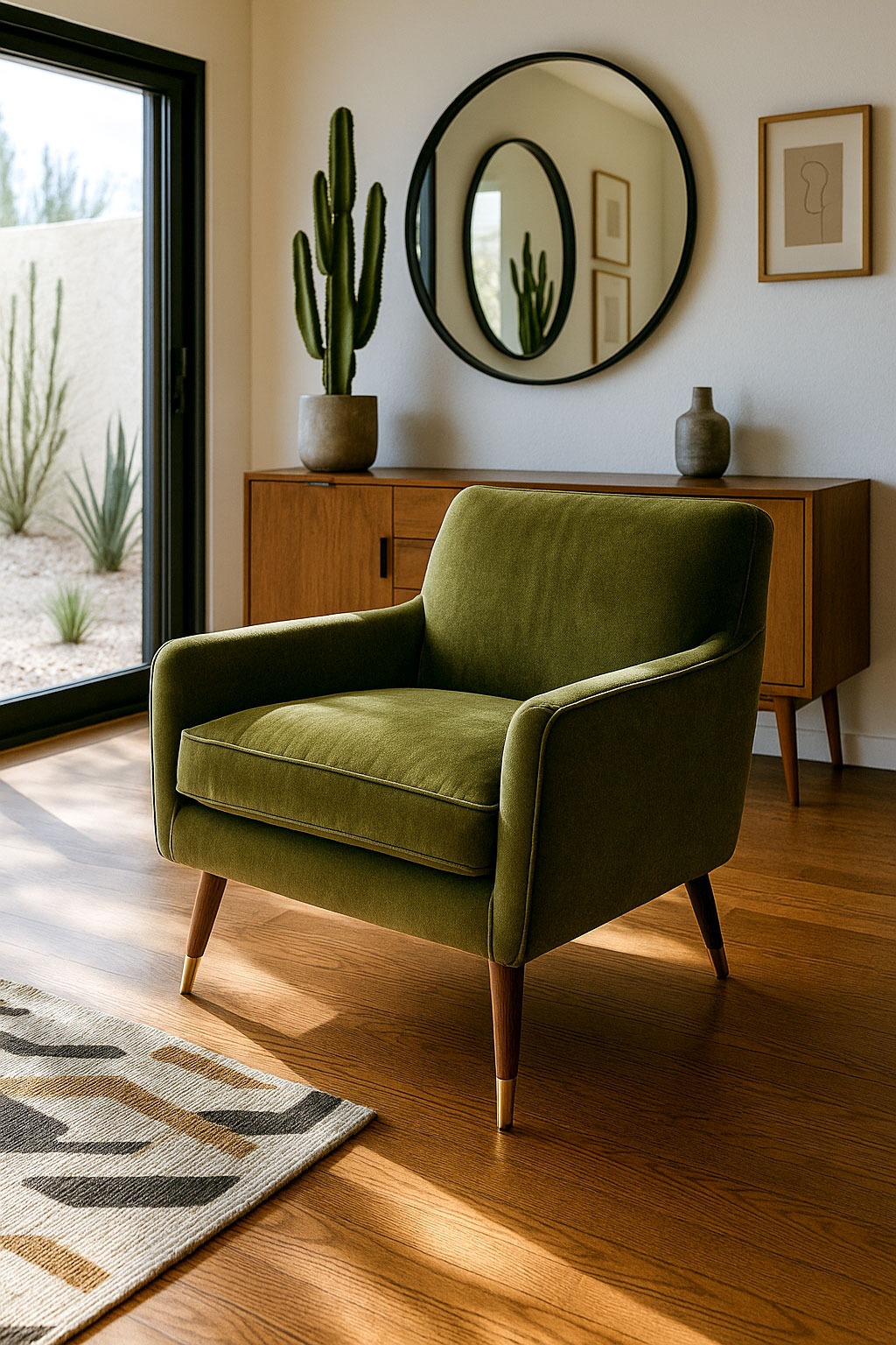 Olive green Mid-Century Modern chair with wood legs and styled rug