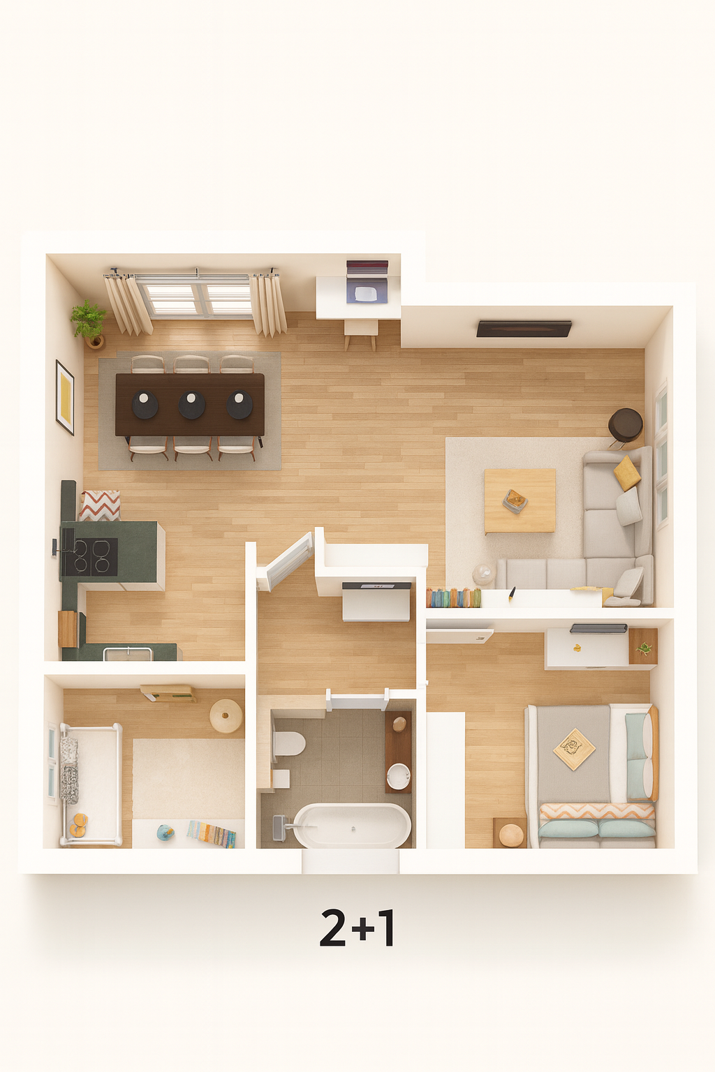 Detailed 3D floor plan layout for a two-bedroom apartment (2+1) in Alanya city center