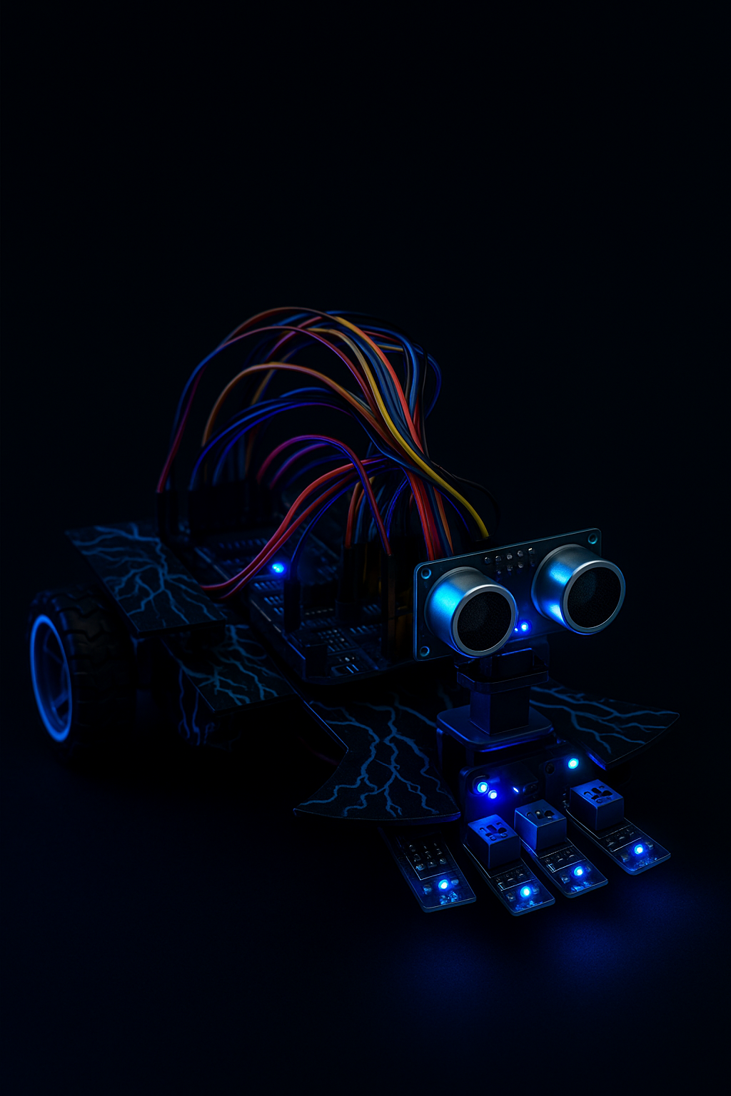 Stylized cyberpunk-themed photograph of a custom Arduino line-following robot with multiple IR senso