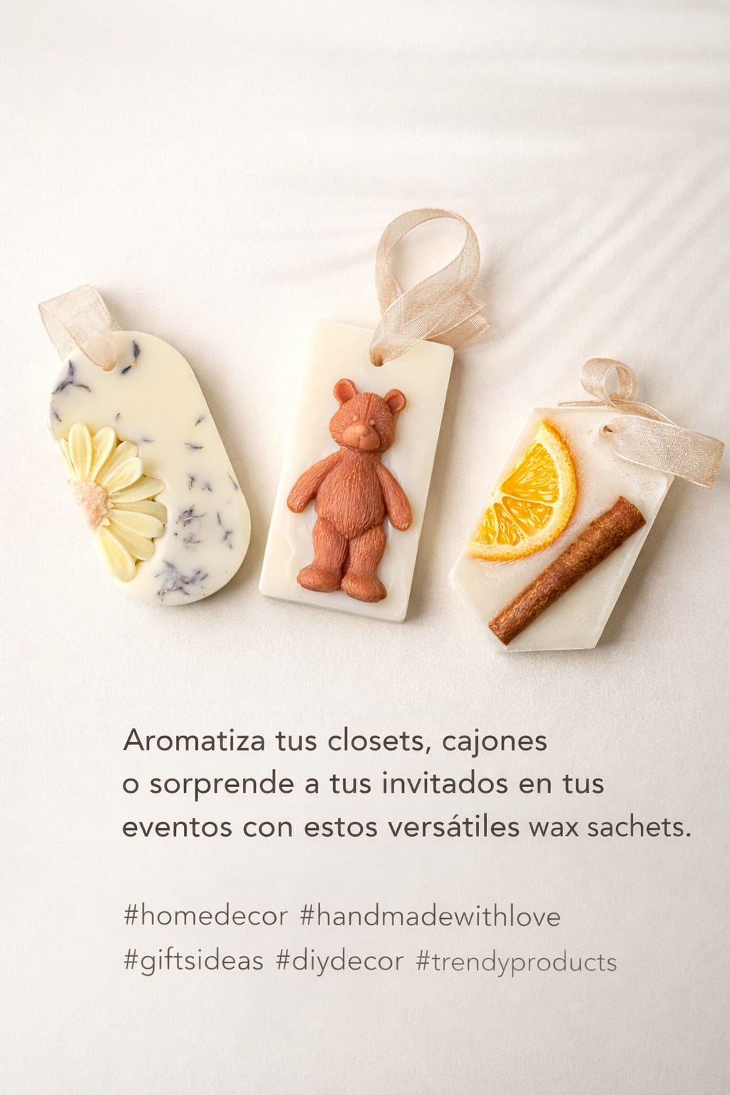 Handmade aromatic wax sachets featuring dried flowers, a teddy bear, and cinnamon for home decor.