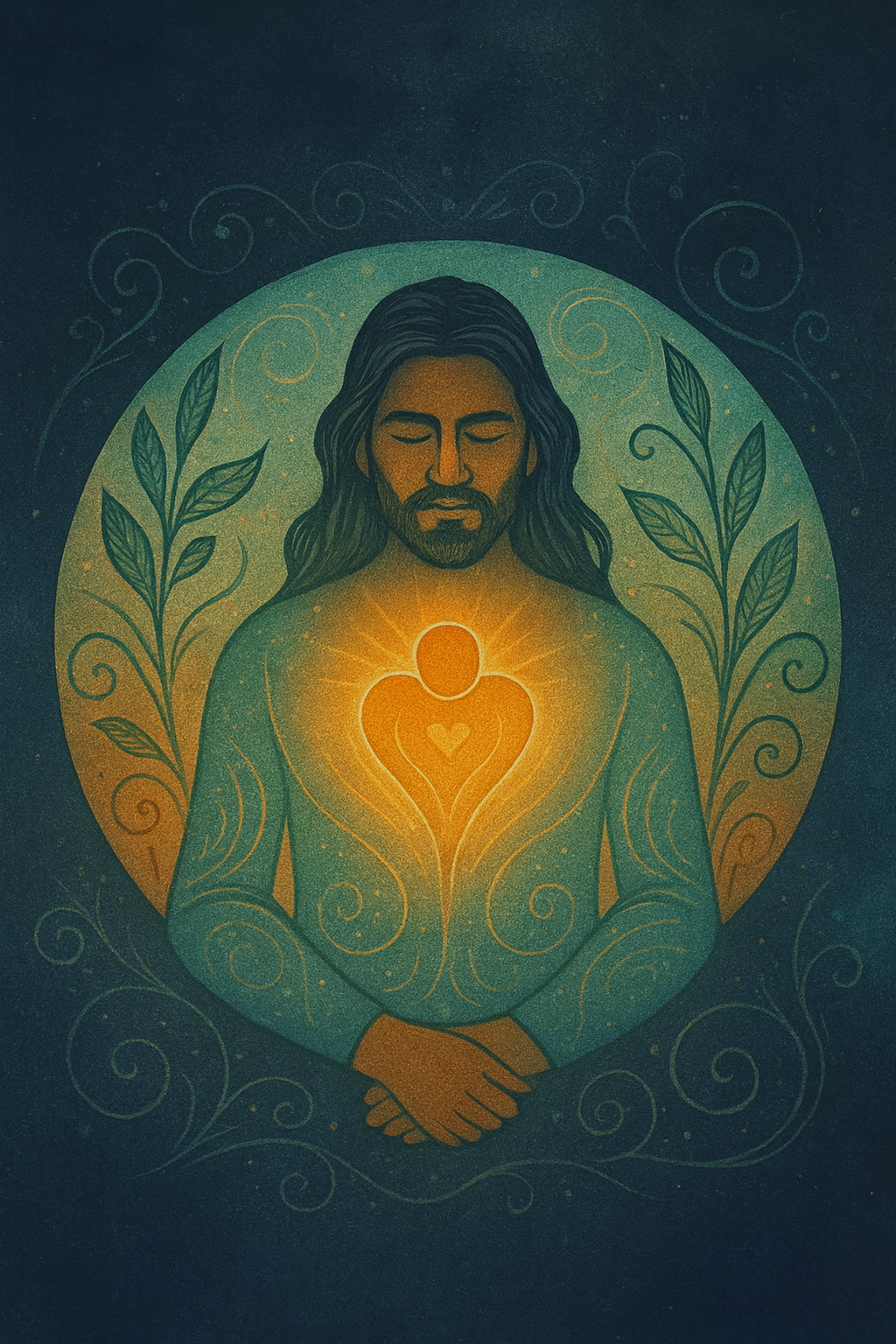 Man in contemplative pose with eyes closed - hands folded, heart in chest radiant