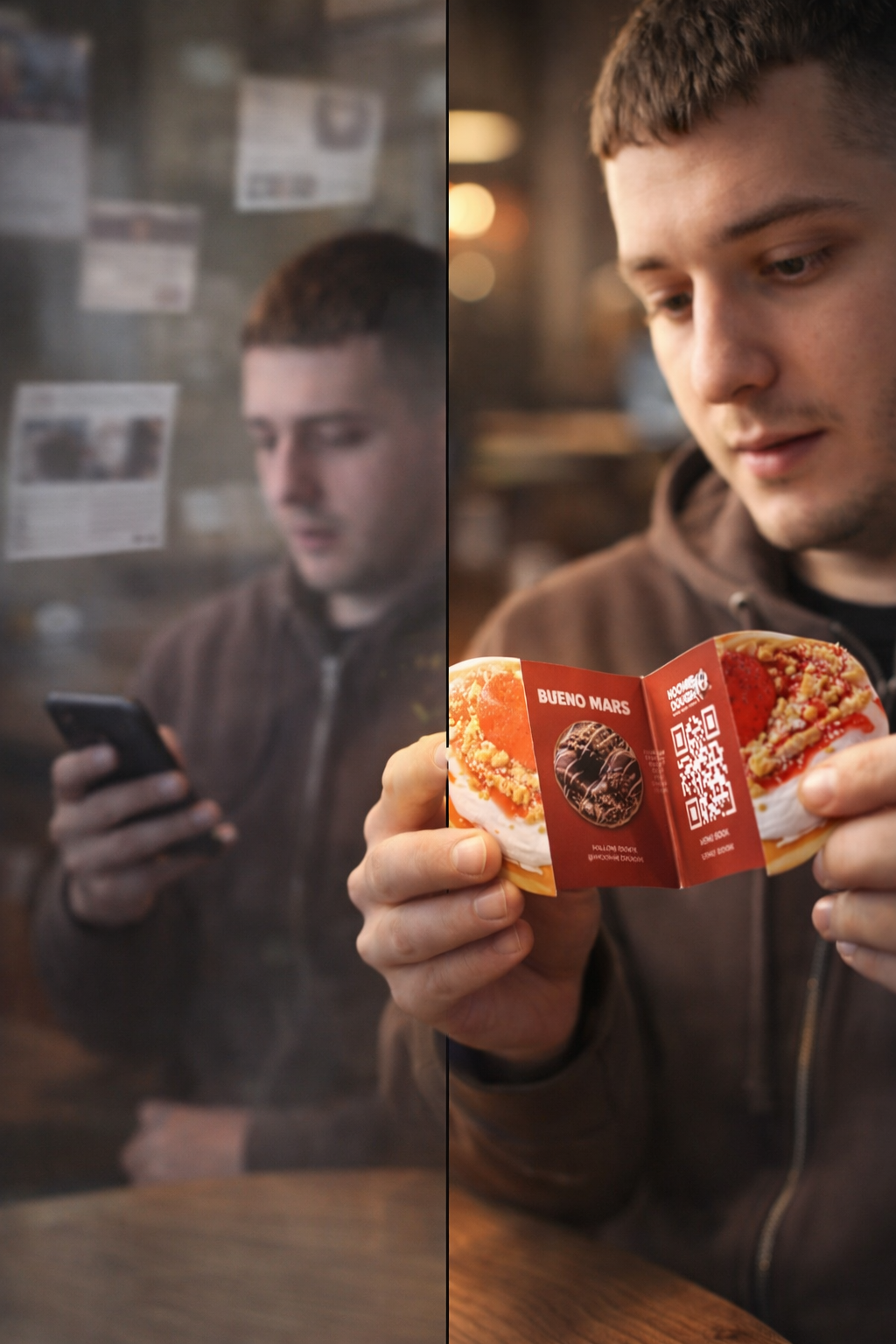 Customer holding promo card while another person looks at phone showing engagement contrast