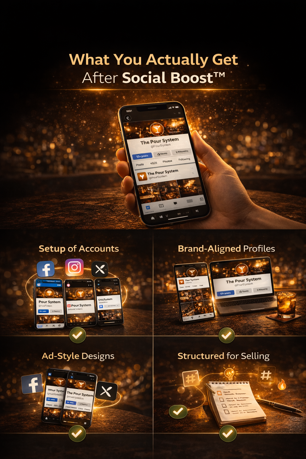 Structured overview showing social boost deliverables including setup, alignment and design system