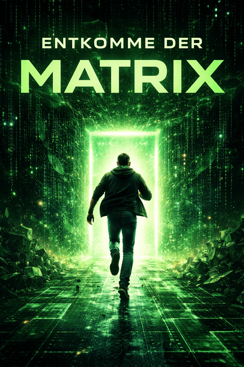 Mann läuft durch Binärcode zu grünem Portal Entkomme der Matrix.
