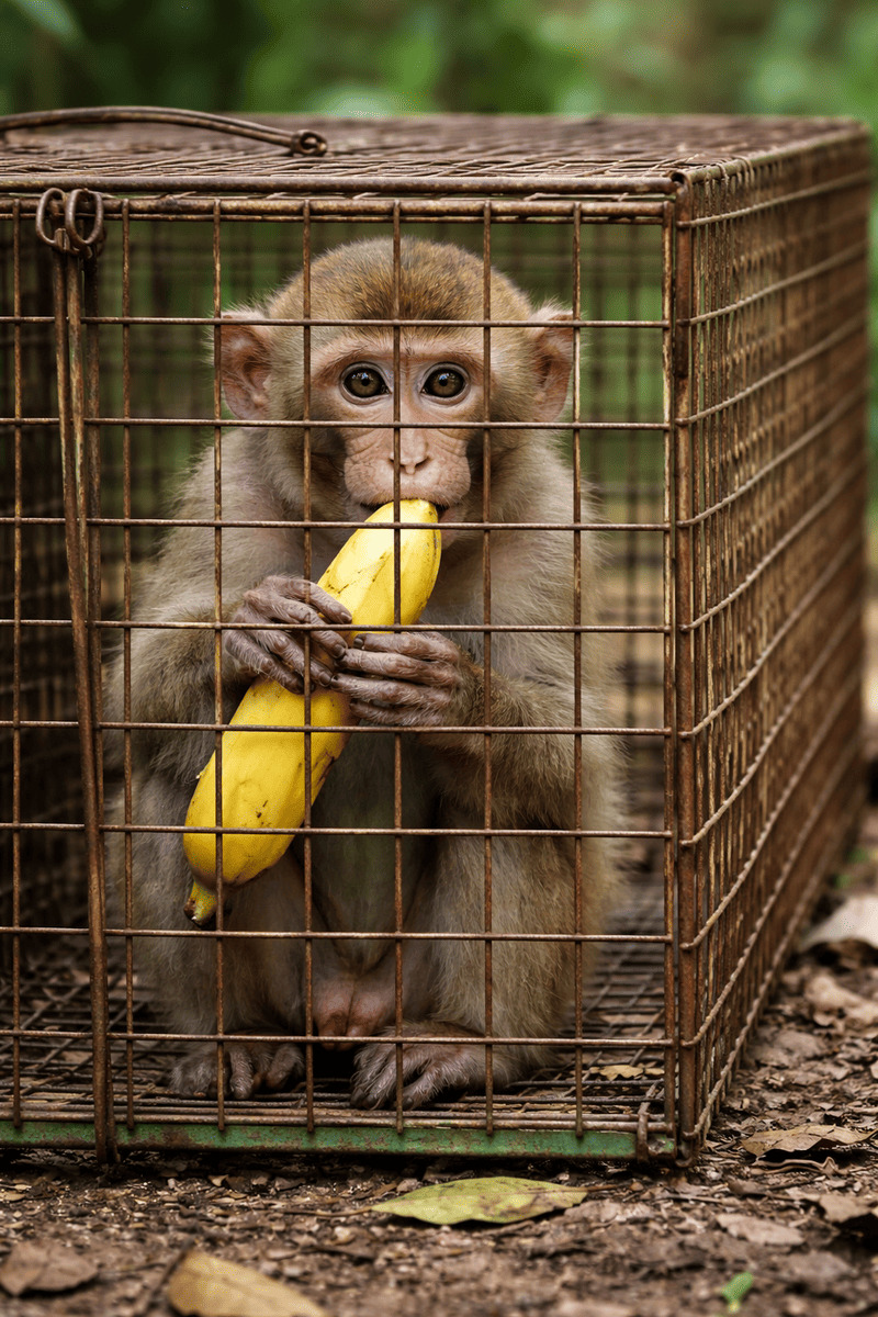 Kleiner Makaken-Banane frisst – Symbolbild für Tierhaltung oder Gefangenschaft.