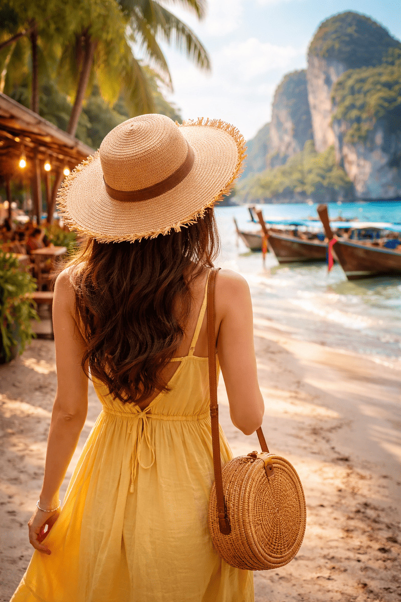Frau in einem gelben Sommerkleid und Strohhut, die an einem tropischen Strand in Thailand