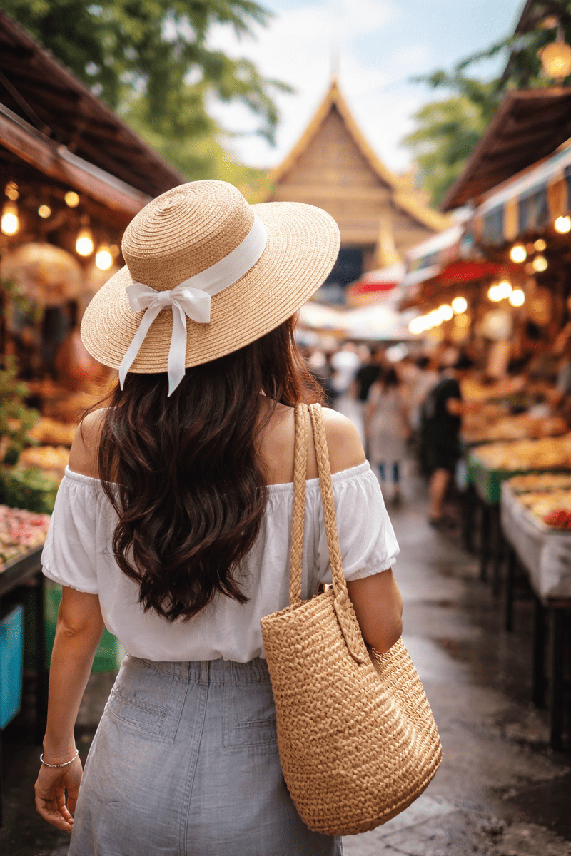 Eine Frau mit Strohhut und weißem Oberteil geht mit einer geflochtenen Tasche durch einen belebten