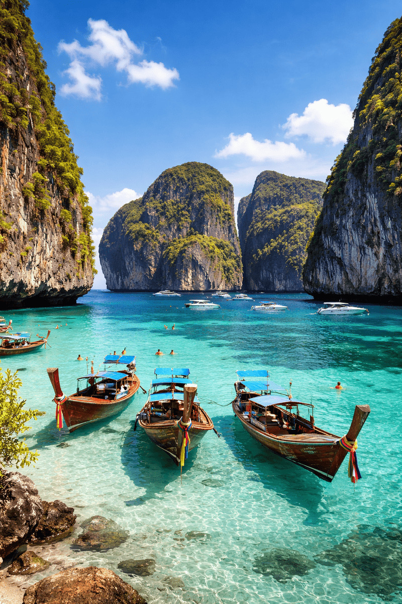 Traditionelle Longtail-Boote auf dem türkisfarbenen Wasser der Maya Bay in Thailand.
