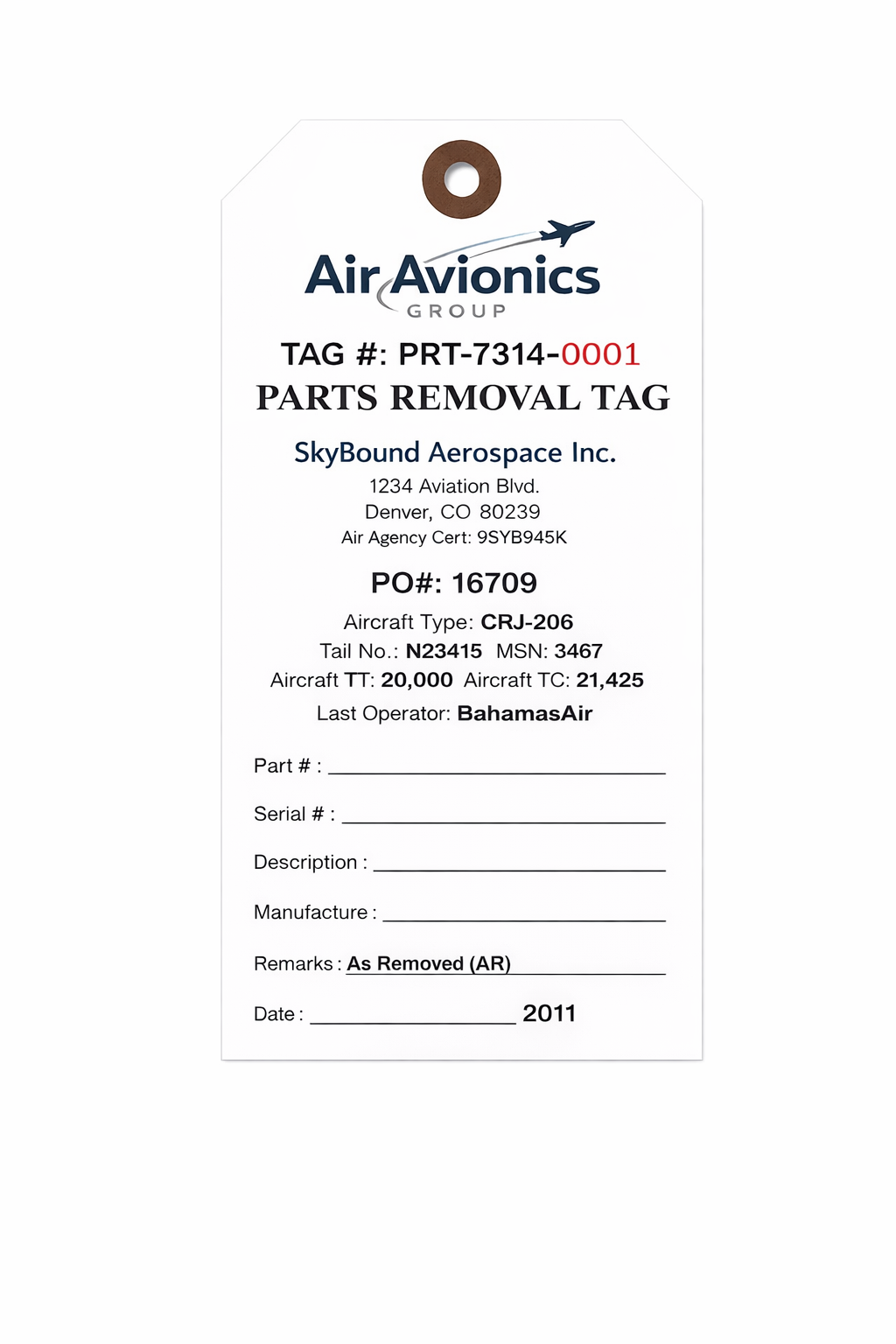 Air Avionics parts removal tag for SkyBound Aerospace featuring tail number N23415 and CRJ-206 aircraft type.