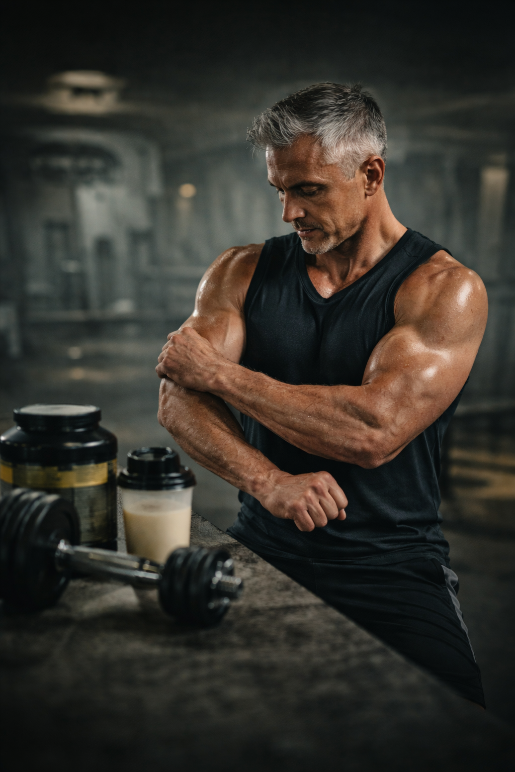 fit man over 40 building muscle strength lifting weights in gym