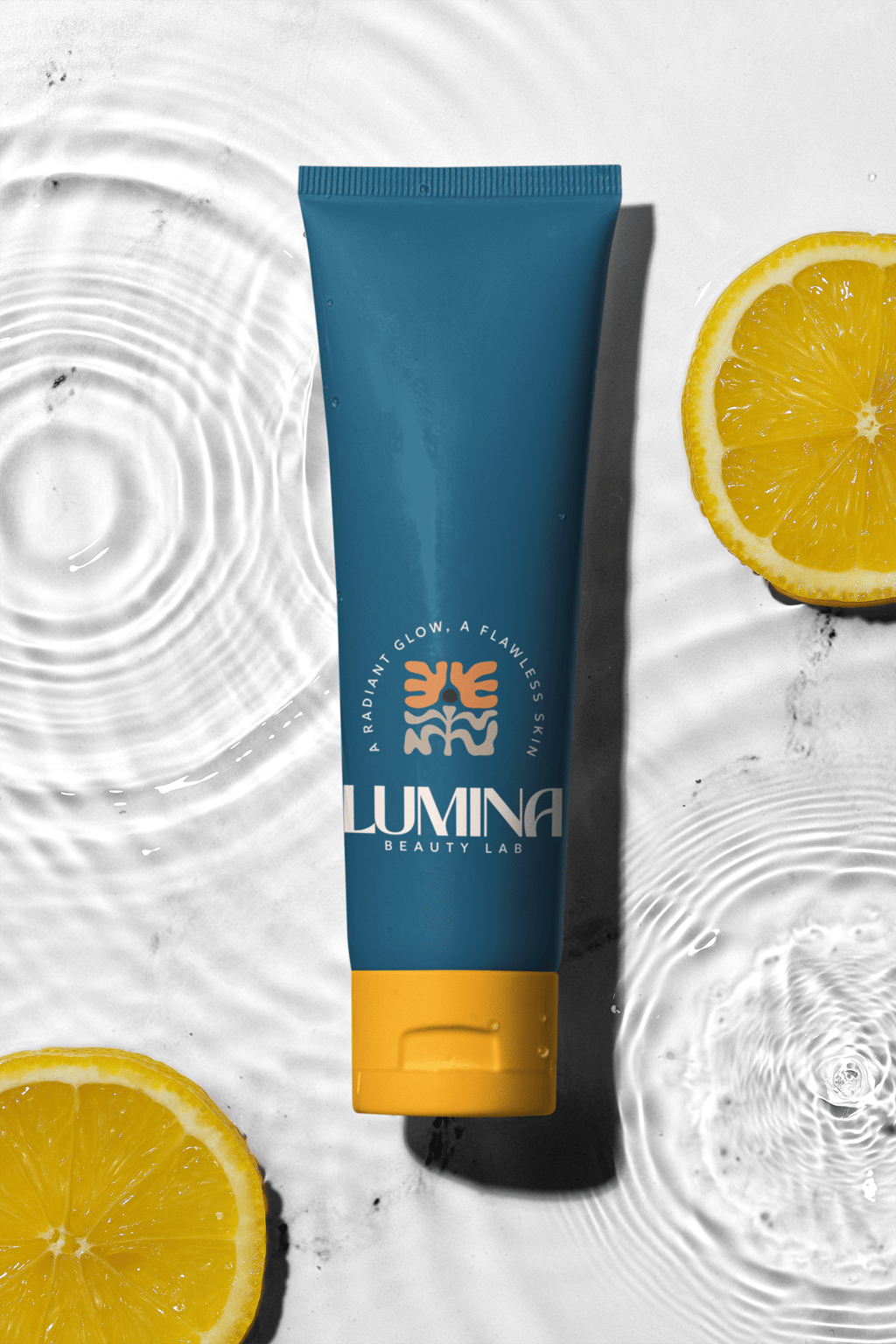 Lumina Beauty Lab skincare tube with lemon slices and water ripples for a radiant glow.