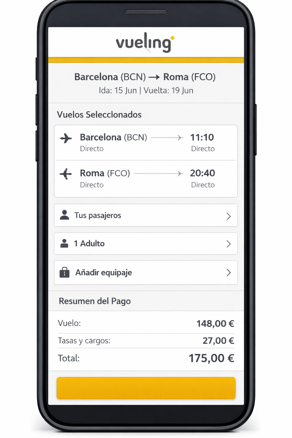 Pantalla de reserva de un billete de avión en Vueling con los vuelos seleccionados, datos del pasaje