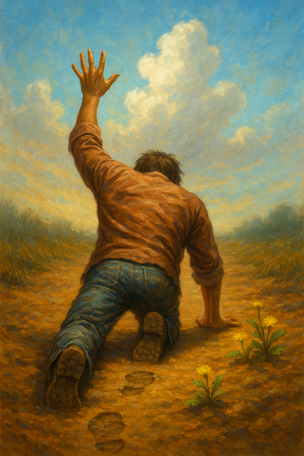 Impressionist oil painting of a man kneeling on a dirt path reaching up toward a cloudy blue sky.