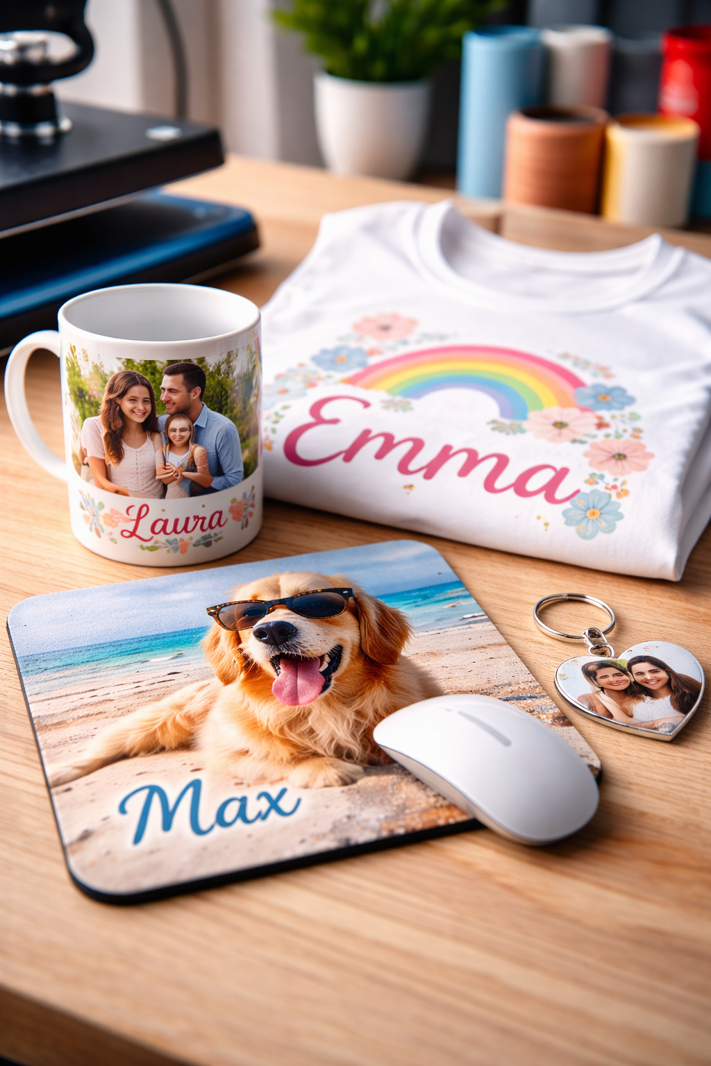 Custom personalized gifts including a photo mug, printed t-shirt, dog mousepad, and heart keychain.