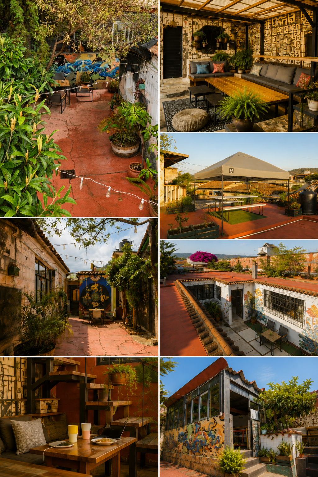 A collage showing a rustic boutique hostel with a colorful rooftop terrace, mural art, and cozy outdoor seating.
