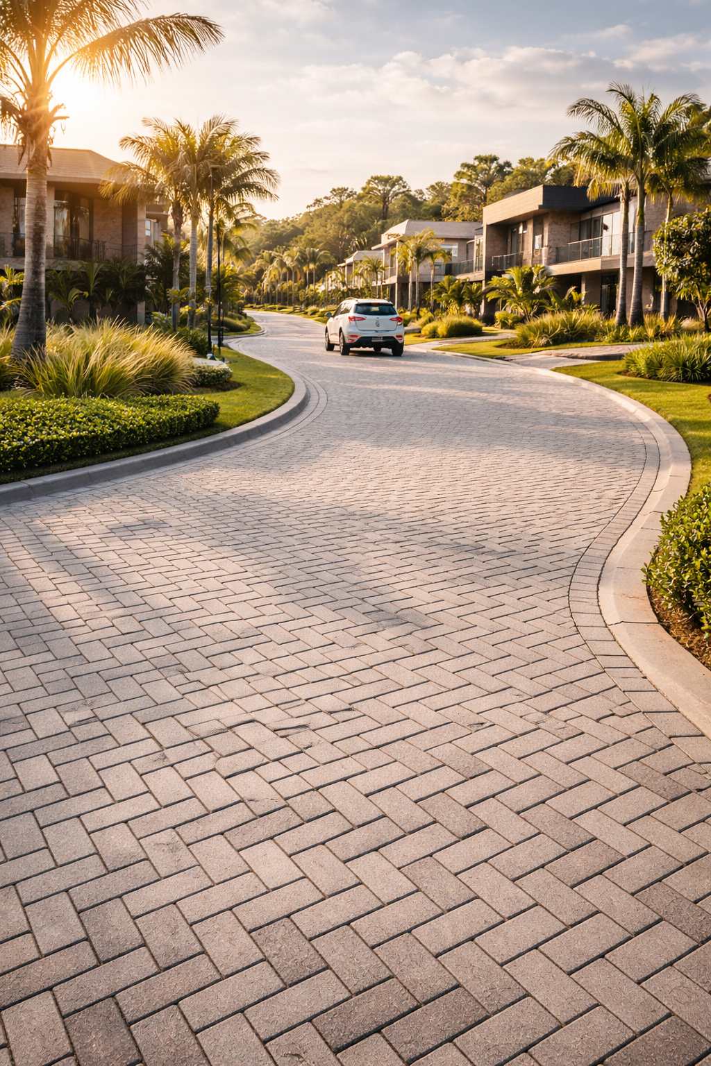 Rua de condomínio de alto padrão pavimentada com paver de concreto em loteamento residencial