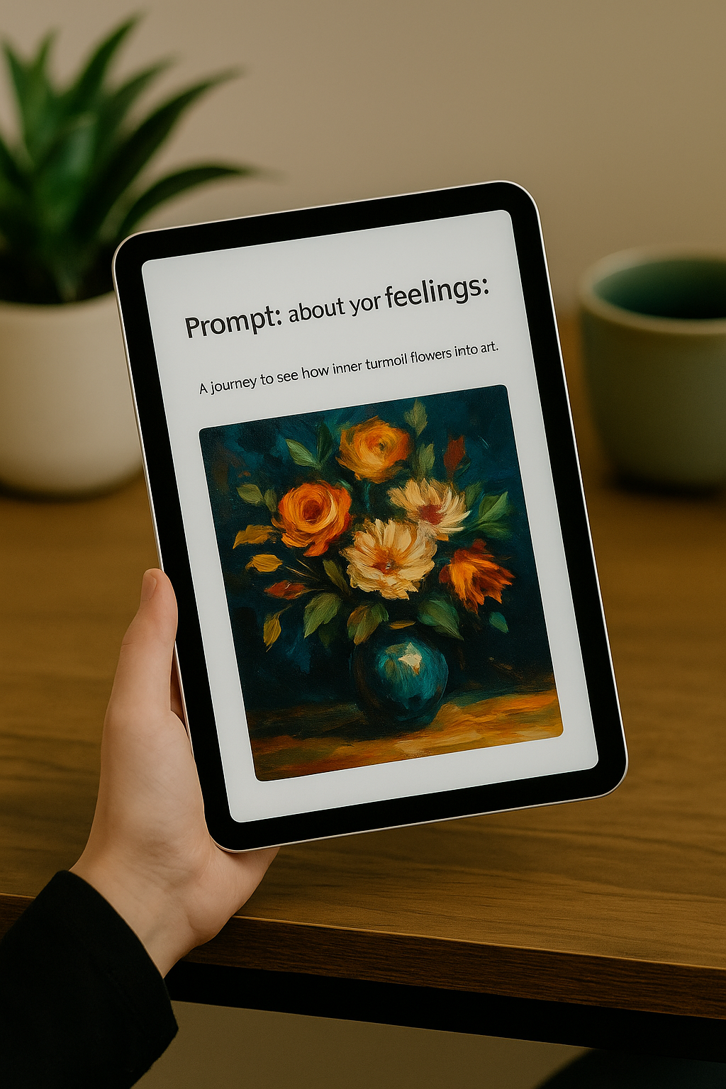 Tablet with emotional AI art prompt and stormy visual for healing through creativity
