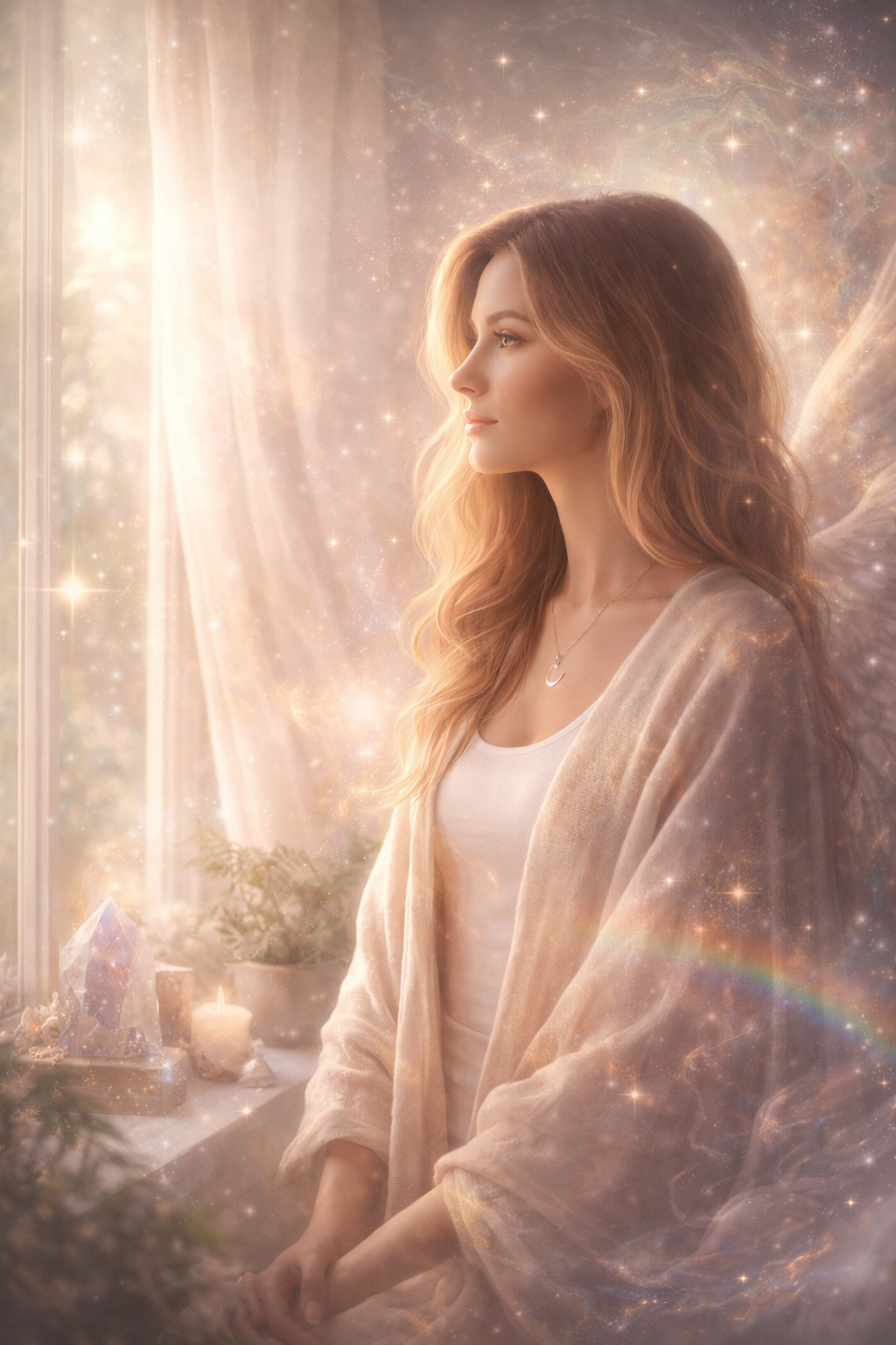 Spiritual artwork of a woman in glowing light symbolizing intuitive healing online and in Nashville