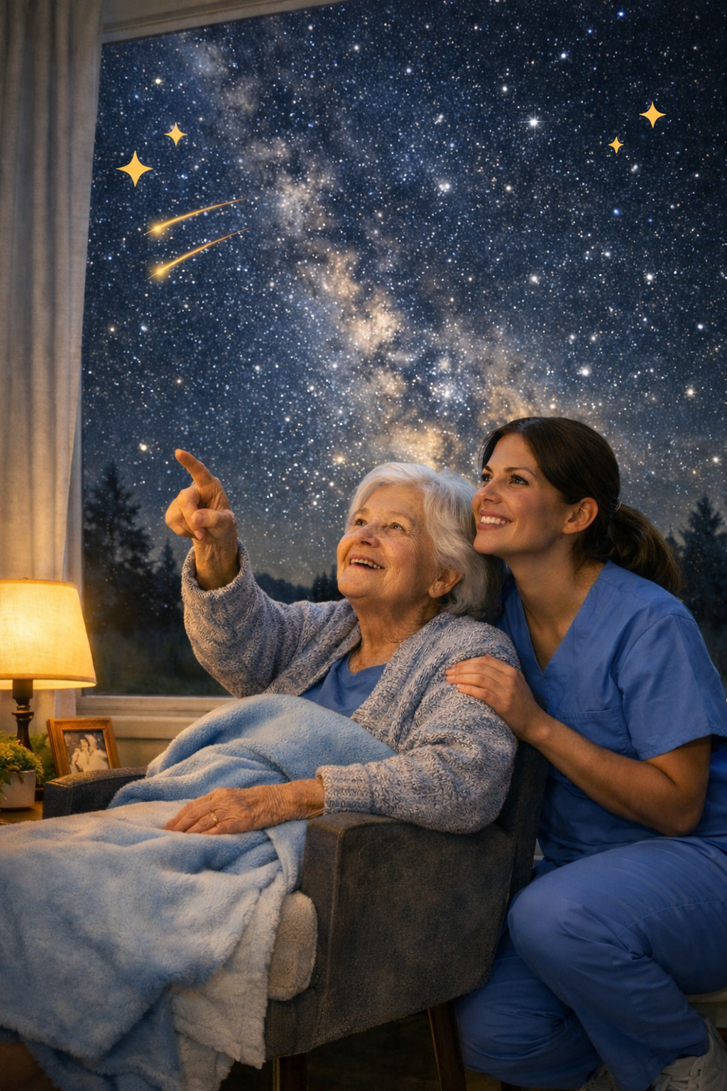 A senior woman and a caregiver in blue scrubs look through a window at a starry night sky with a shooting star.