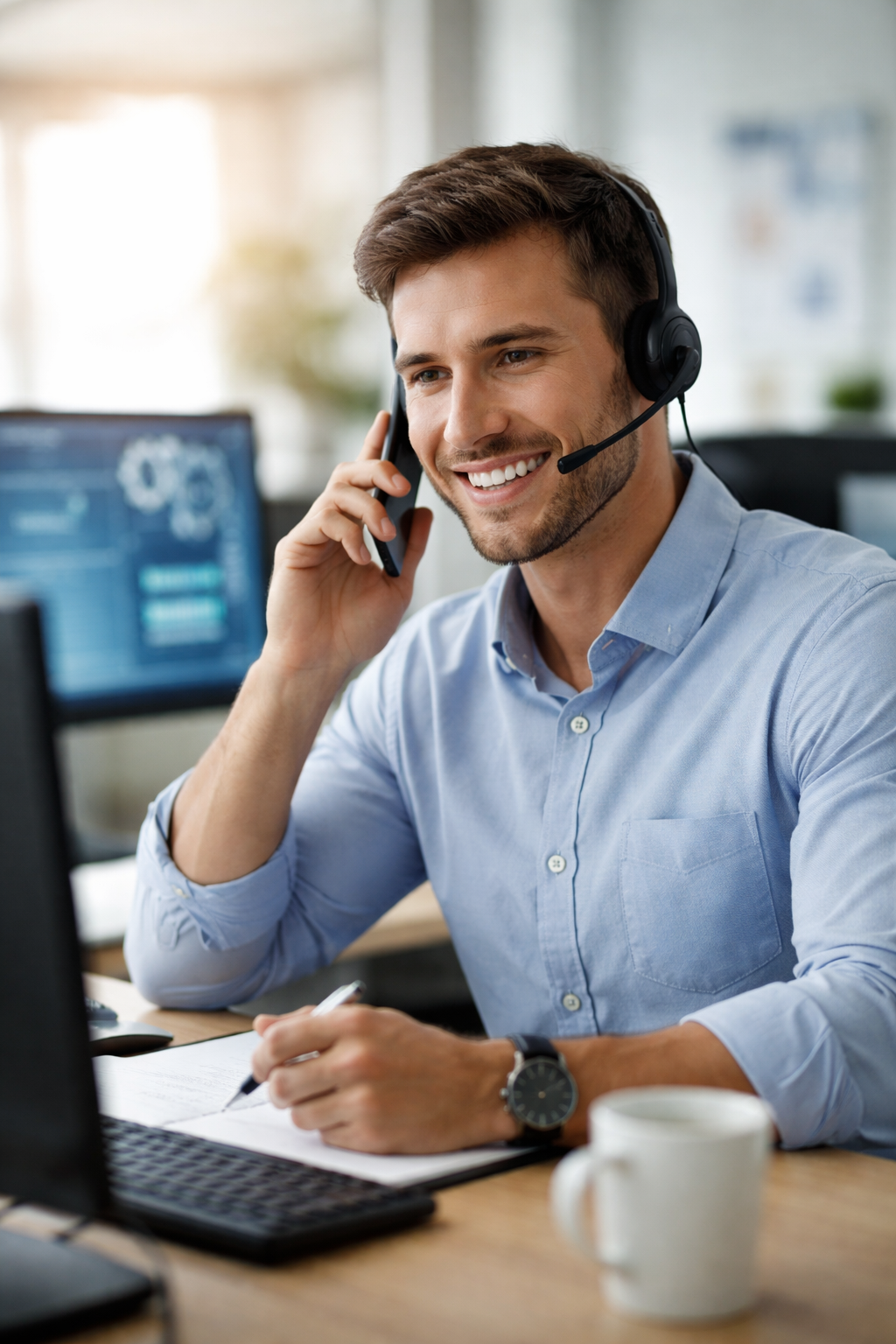 Smiling male customer support agent wearing a headset while working in a modern office.