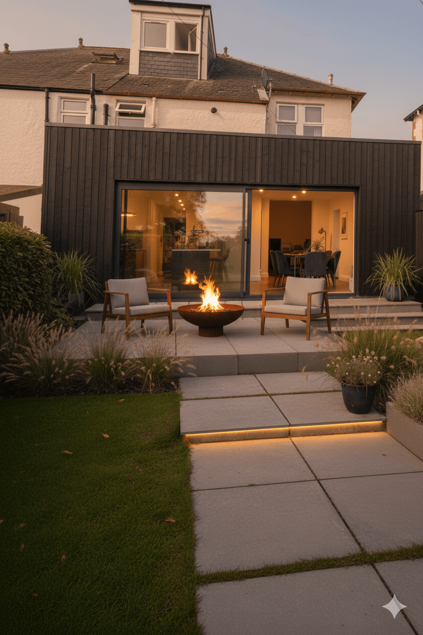 Modern garden patio with a central fire pit, outdoor seating, and warm LED stone path lighting.